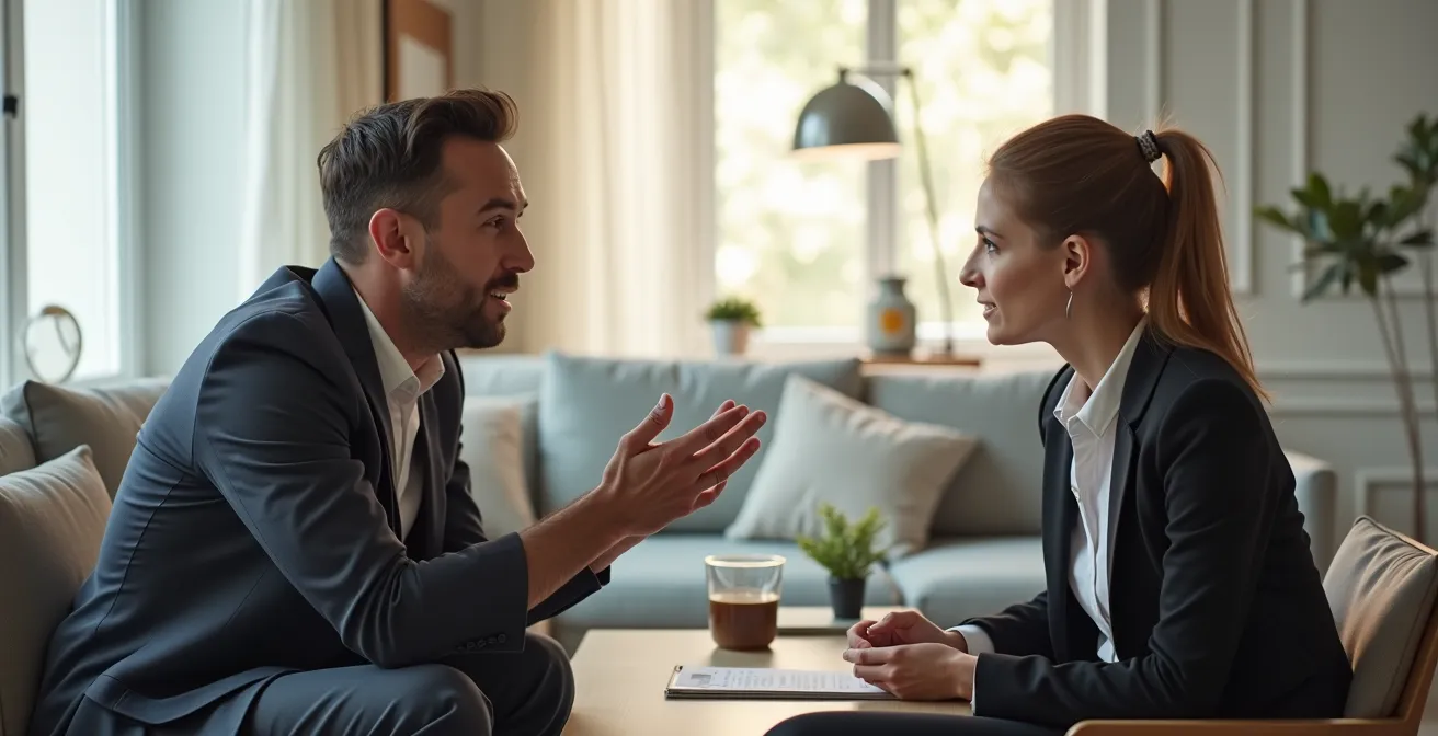Entretien professionnel entre propriétaire et candidat locataire dans un salon moderne