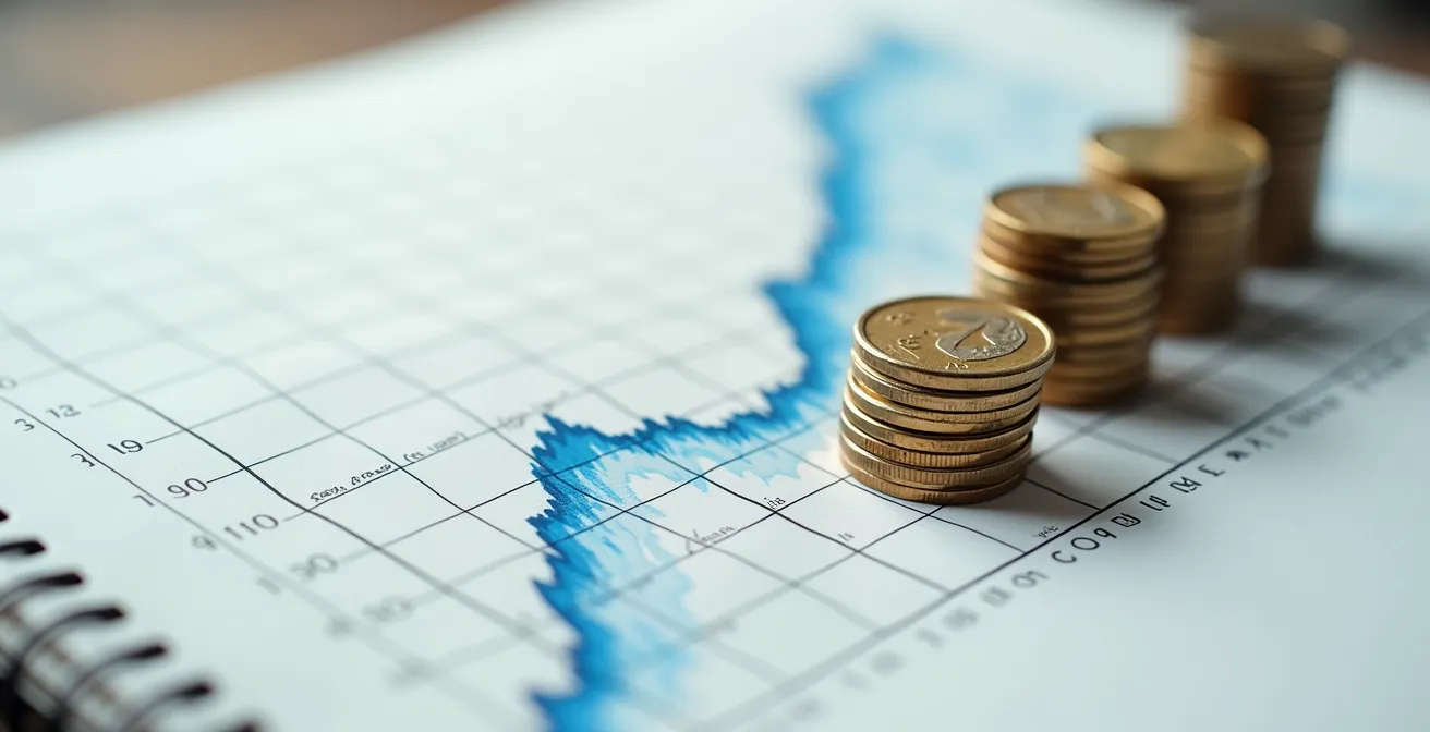 Vue macro d'un carnet d'épargne manuscrit avec graphique de progression et pièces empilées