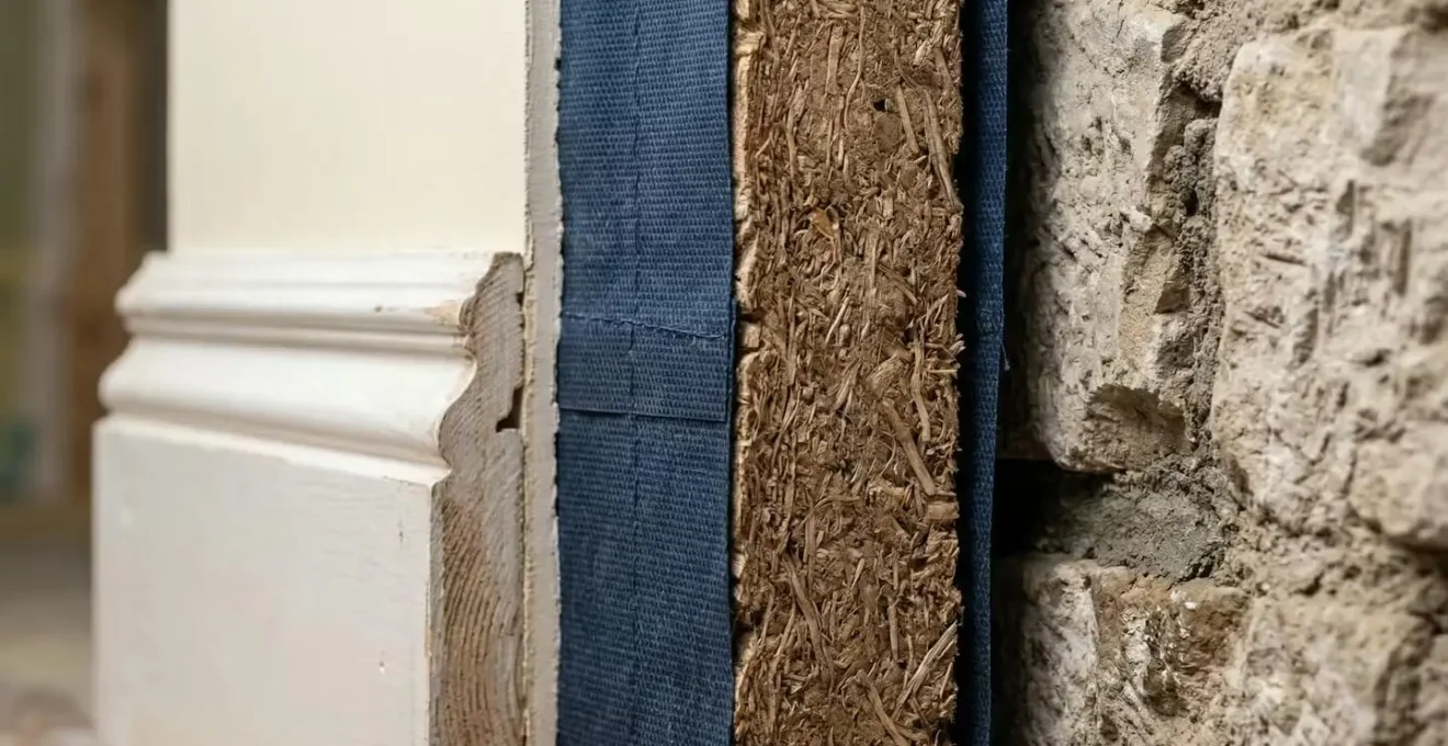 Coupe technique montrant l'installation d'une contre-cloison avec préservation des moulures anciennes