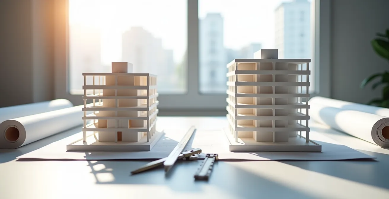 Plans architecturaux montrant la transformation d'un immeuble de bureaux en logements résidentiels