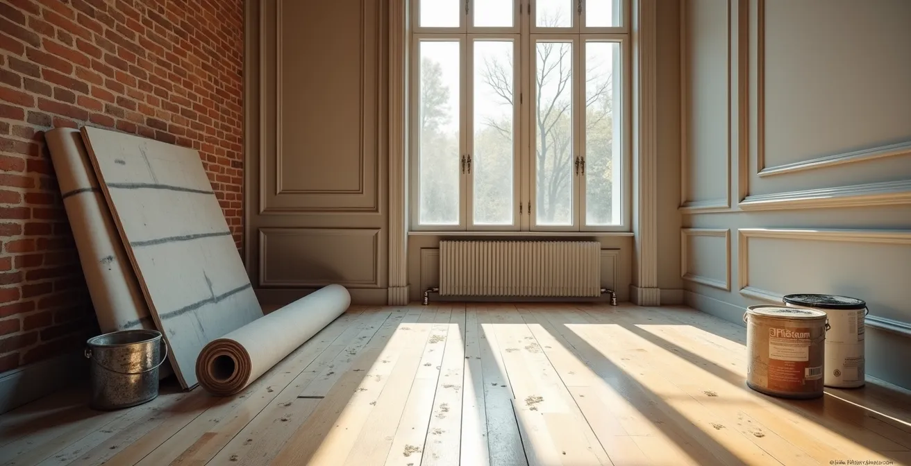 Appartement ancien en cours de rénovation avec outils professionnels et plans architecturaux