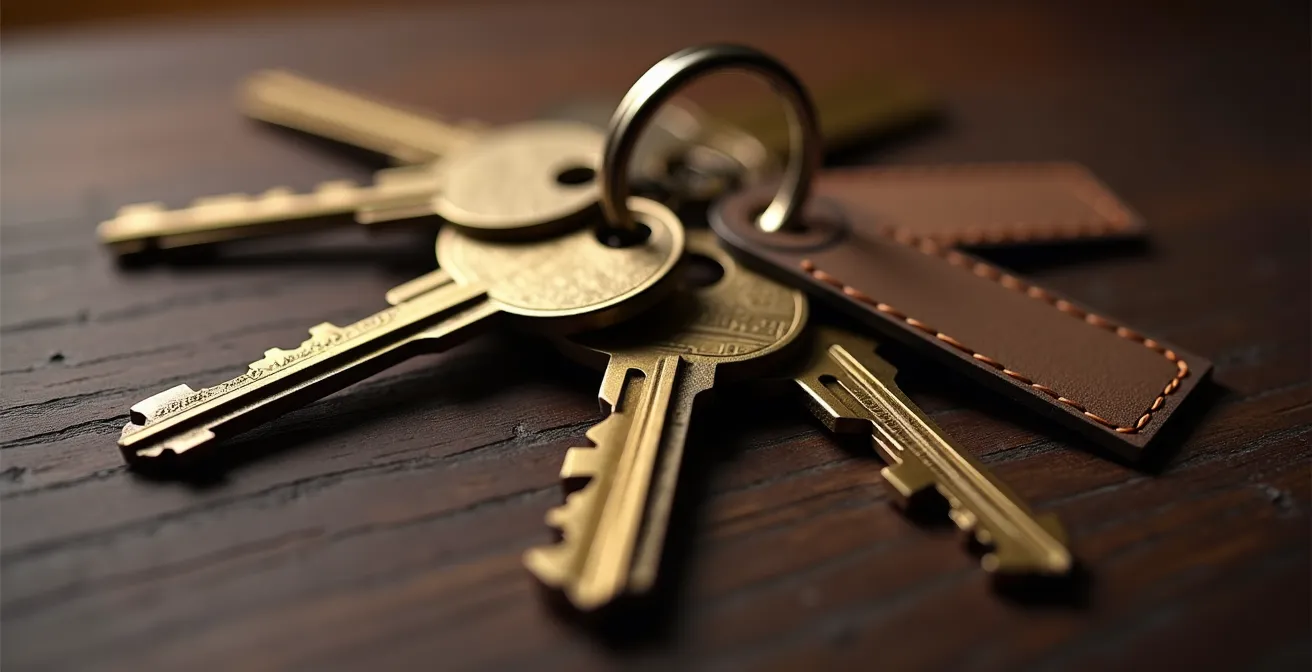 Gros plan sur un trousseau de clés avec étiquettes sur bureau en bois