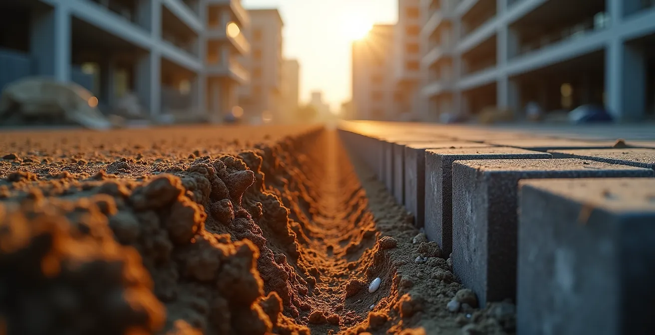 Terrain avec fondations d'immeuble en construction montrant la distinction entre sol et bâti