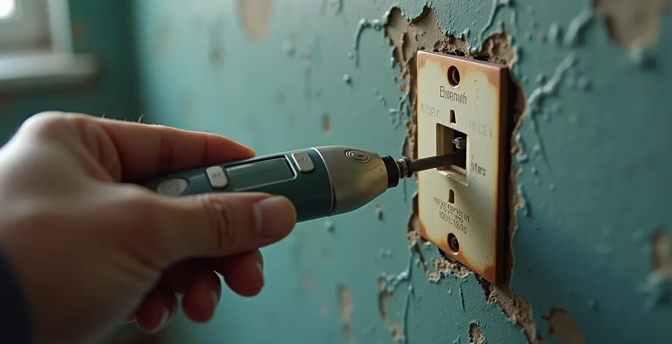 Main testant une prise électrique avec un testeur de tension lors d'une contre-visite immobilière