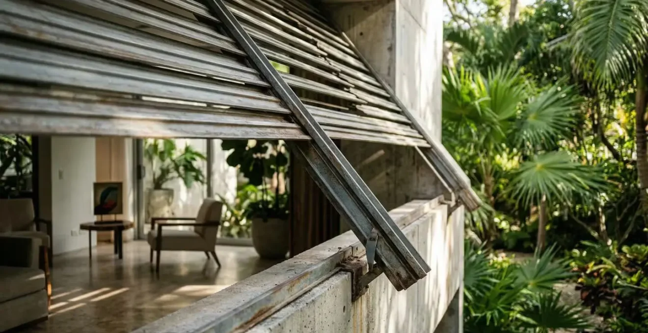 Villa moderne aux normes paracycloniques avec toiture renforcée et volets anti-cycloniques dans un environnement tropical