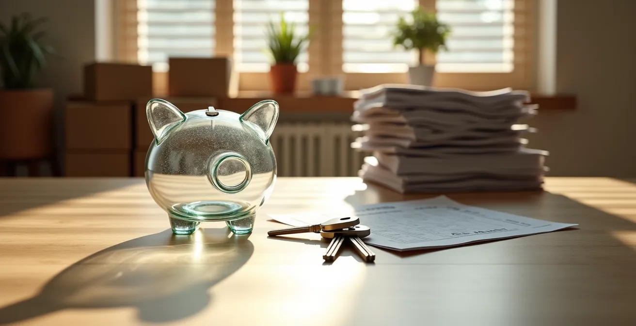 Couple analysant anxieusement des factures devant une maison récemment achetée, symbolisant la vulnérabilité financière post-achat immobilier.