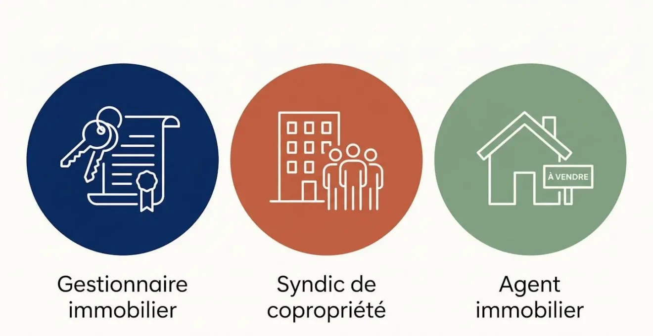 Schéma à trois cercles distincts illustrant les métiers de gestionnaire immobilier (clés et contrat), syndic de copropriété (immeuble et assemblée) et agent immobilier (poignée de main et panneau à louer)