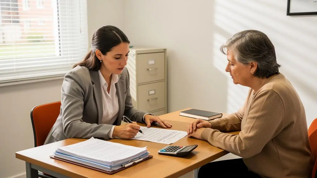 Un conseiller bancaire explique un tableau d'amortissement à un client au bureau