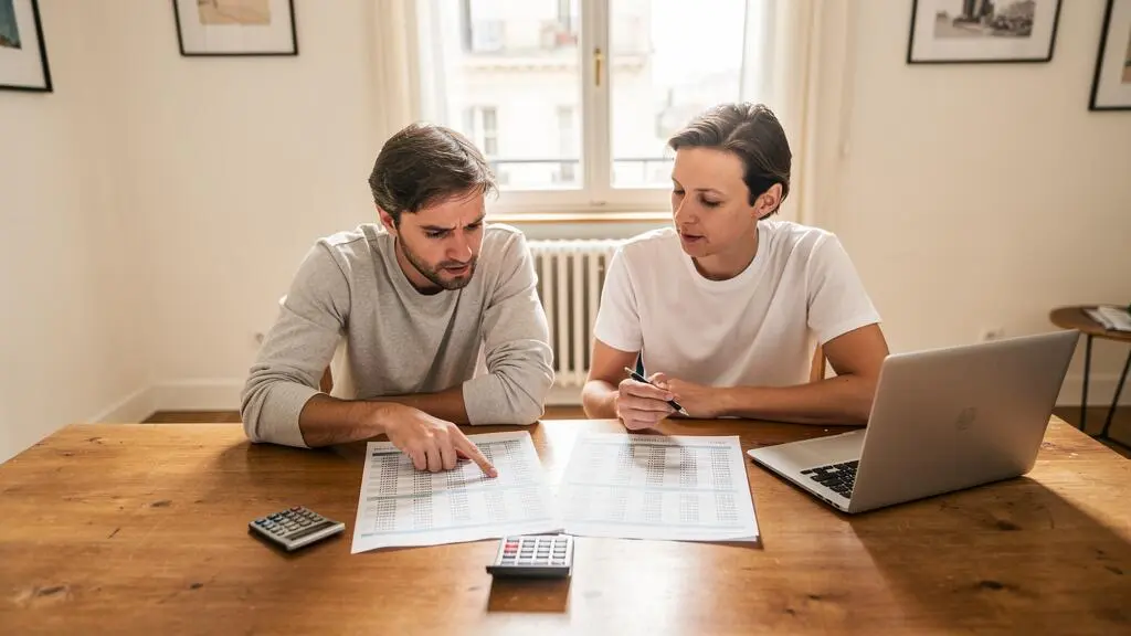 Un couple compare des tableaux d'amortissement de crédit immobilier à domicile